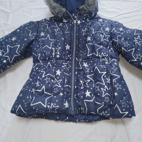 R1881 S. Rothschild Puffer Jacket Hooded Fur Trim Silver Foil Stars Navy 4T - Picture 3 of 9